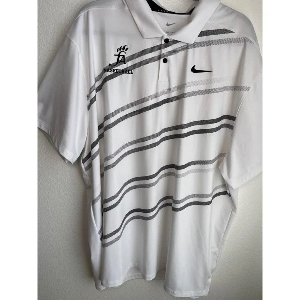 Nike Golf‎ Dri-FIT Mens XXL Polo Shirt White Grey Striped FA Basketball Logo
